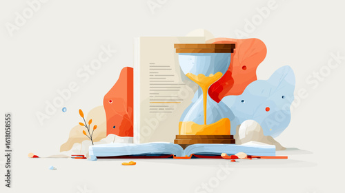 Hourglass placed near open book with colorful abstract background  