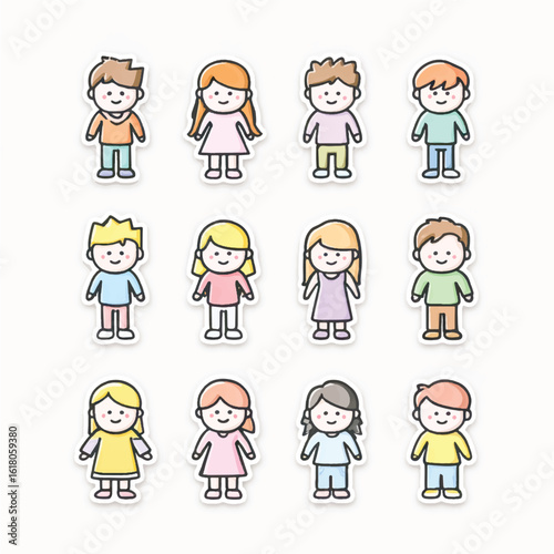 Collection of Cartoon Children Standing and Smiling in Various Clothes Colorful and Cute Design Vector Illustration for Kids Education and Games