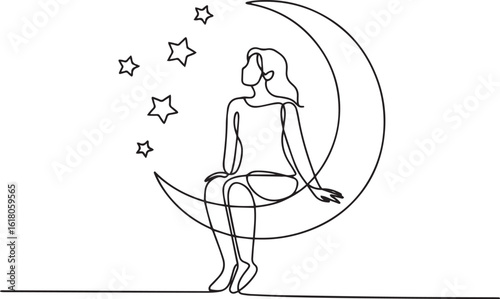 Continuous one line drawing of a woman sitting on a crescent moon with stars scattered around, symbolizing dreams and serenity


