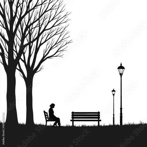 Silhouette of a person sitting on a park bench under bare trees with lampposts vector