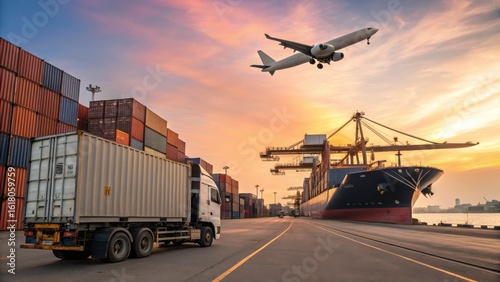Cargo Transportation with Truck and Plane Over Industrial Port Scene