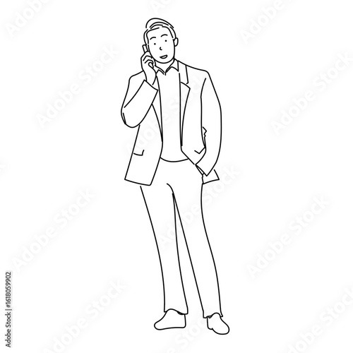 スマートフォンで通話中のスーツ男性を白抜き線で描いたベクターイラスト