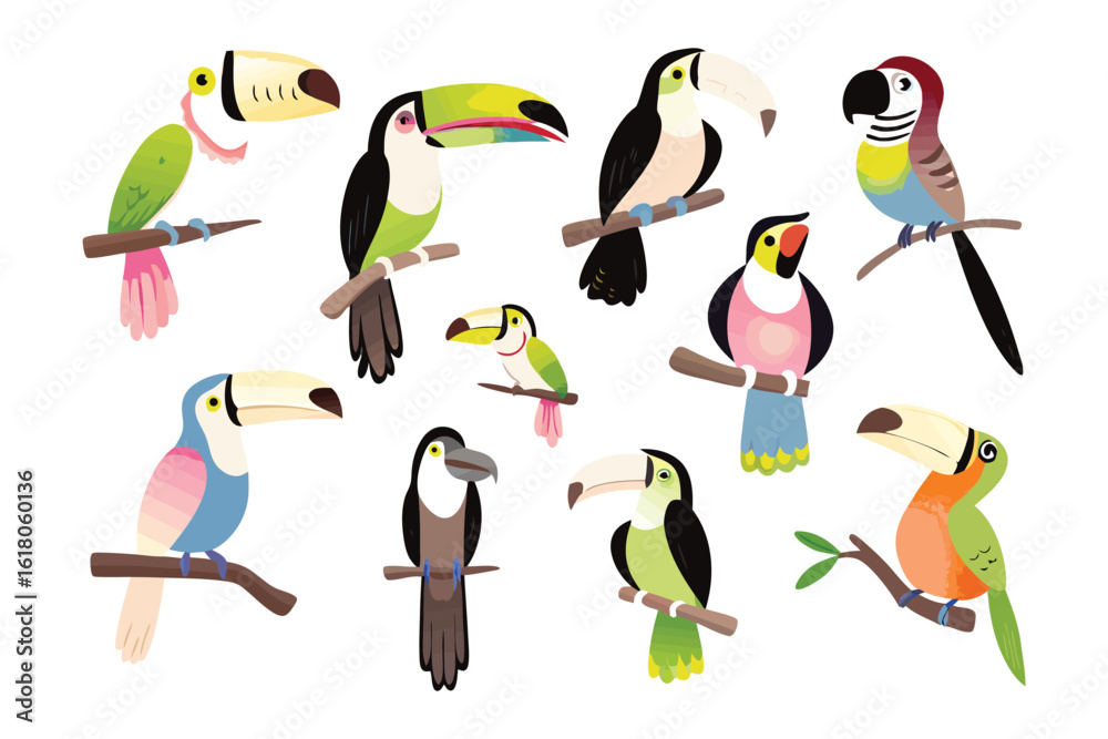 Obraz premium Tropical Birds in Full Bloom: Vibrant illustrations of colorful tropical birds perched on branches in a lively arrangement, a testament to the diverse beauty of the animal kingdom.