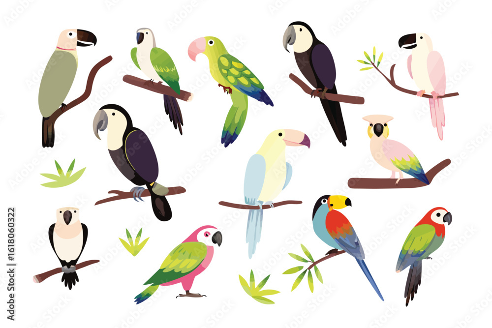Obraz premium Vibrant Aviary: A collection of colorful parrots perched elegantly on branches, their striking feathers a testament to nature's artistry.