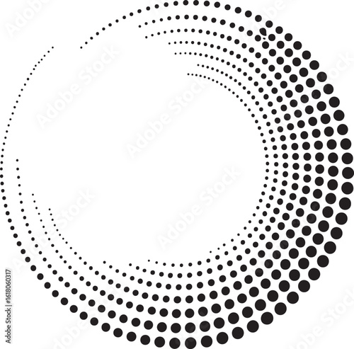 Abstract graphic design featuring a semi circular pattern of black dots on white background