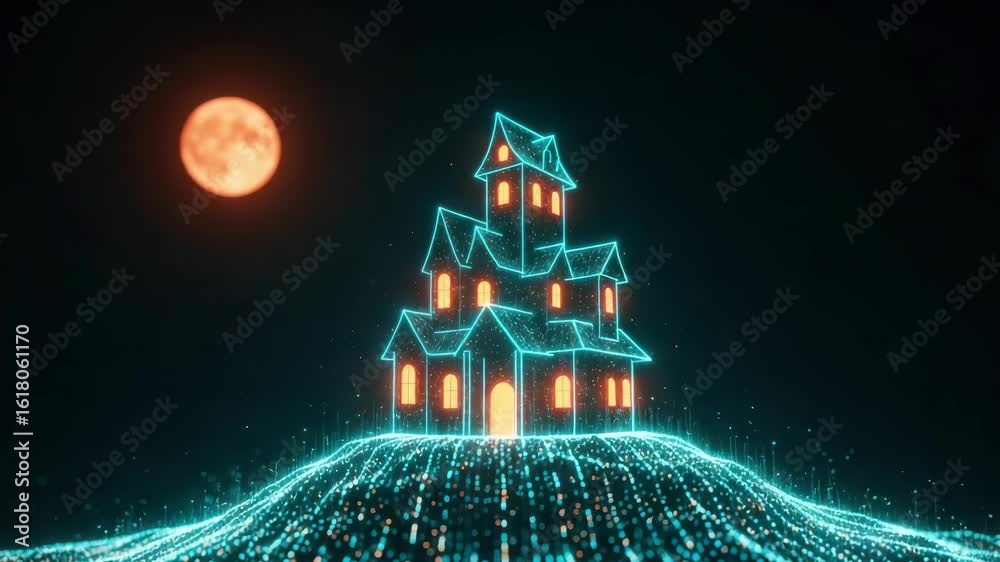 A glowing futuristic digital representation of a multi-storied house on a hill under a large moon with a backdrop of flowing data points suggesting themes of technology and imagination