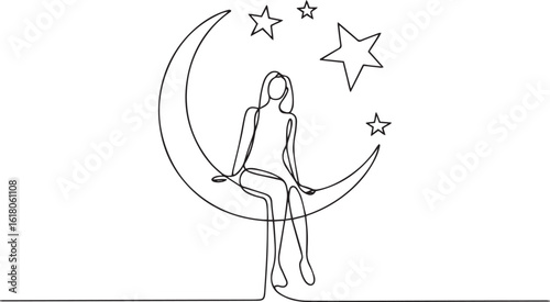 Continuous one line drawing of a woman sitting on a crescent moon with stars scattered around, symbolizing dreams and serenity

