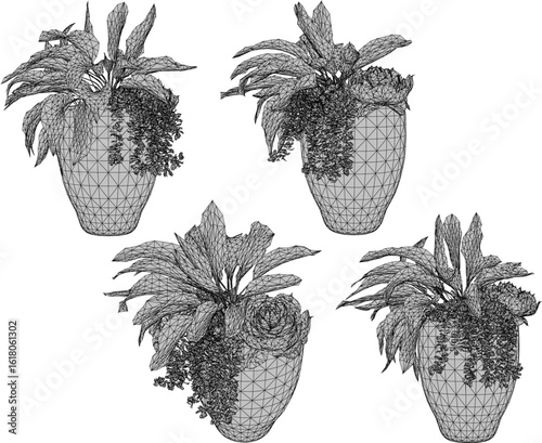 Vector design illustration of ornamental plants in earthen jars for classic vintage ethnic traditional interior decoration