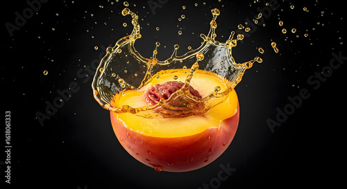 Fresh Peach Splashing Juice on Black Background