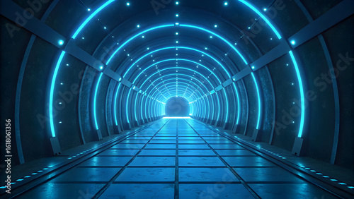 Futuristic blue neon tunnel perspective with glowing lights and tiled floor image technology, background, new, latest, web, ai background, futuristic hud, cyber security, neural network, data tech