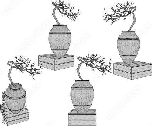 Vector design illustration of ornamental plants in earthen jars for classic vintage ethnic traditional interior decoration 