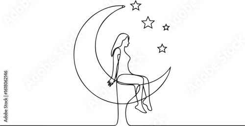Continuous one line drawing of a woman sitting on a crescent moon with stars scattered around, symbolizing dreams and serenity

