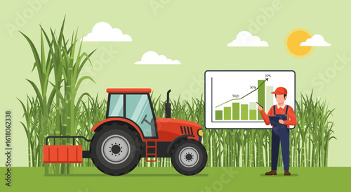 Agricultural Growth Presentation With Farmer, Tractor And Sugarcane Field