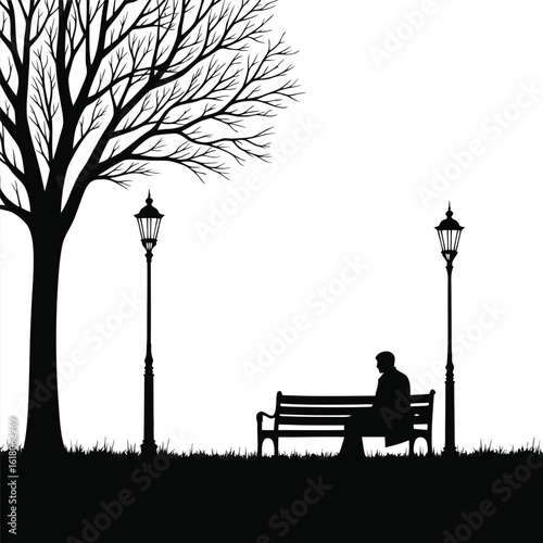 Solitary figure on park bench beneath bare tree and lampposts silhouette