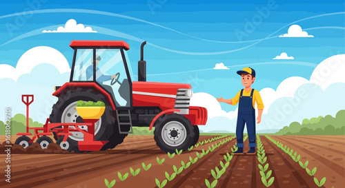 Red Tractor Planting Seeds In A Field With A Farmer