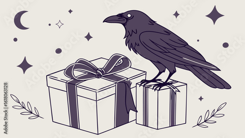 A raven perched atop gift boxes with ribbons under a moon and stars in a whimsical line art style image