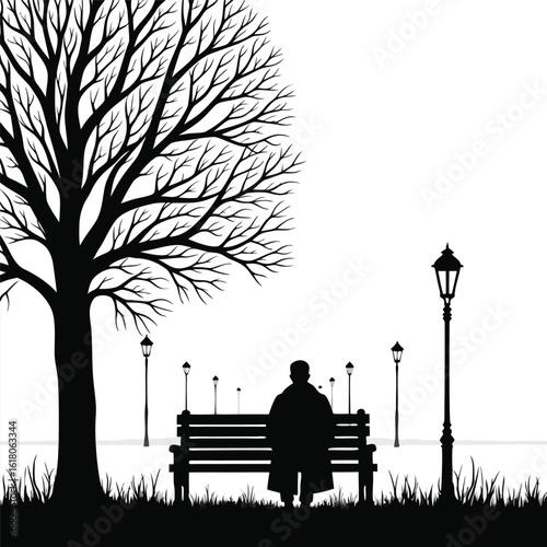 Solitary figure on park bench beneath bare tree with lampposts silhouette bare branches