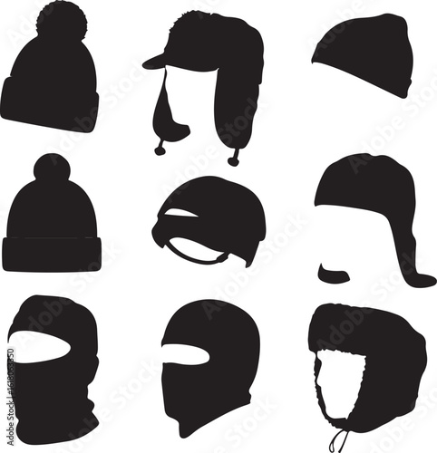 Black headwear silhouettes winter hats beanies