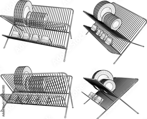 Vector design sketch illustration of a stainless steel plate and glass rack