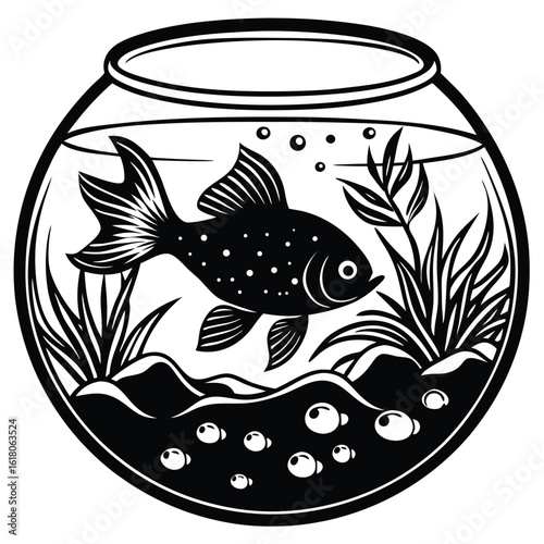 Black and white illustration of a goldfish swimming in a round fishbowl with plants and bubbles aquarium