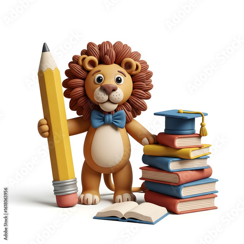 Clay lion wearing a bowtie, holding a large clay pencil, standing confidently before a stack of clay books. Class leader concept on white background.