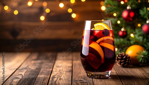 A festive glass of sangria with fruit, set against a Christmas tree.