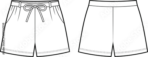 Vector technical flat sketch of drawstring casual shorts, front and back view, fashion apparel template, line art illustration design