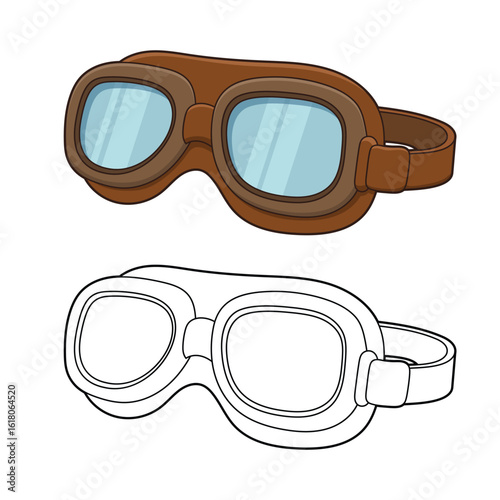 Vintage aviation goggles, one color and one black and white outlined version.
