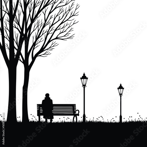 Solitary figure on park bench beneath bare trees and lampposts silhouette person
