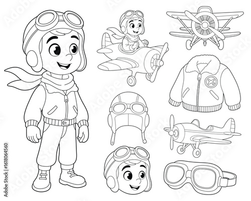 Cartoon drawing of a child dressed as a pilot with planes and accessories.