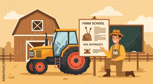 Agricultural Education At Farm School With Tractor And Barn Background