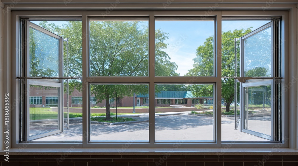 Fototapeta premium Bright, airy school interior view featuring open windows and greenery outside.