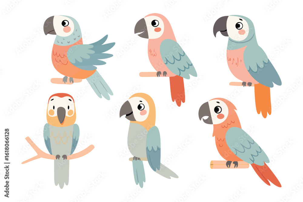 Fototapeta premium Playful Parrots Collection: A charming collection of colorful parrots perched on branches, each with its unique pattern and vibrant hues. Displaying joyful energy in the image.