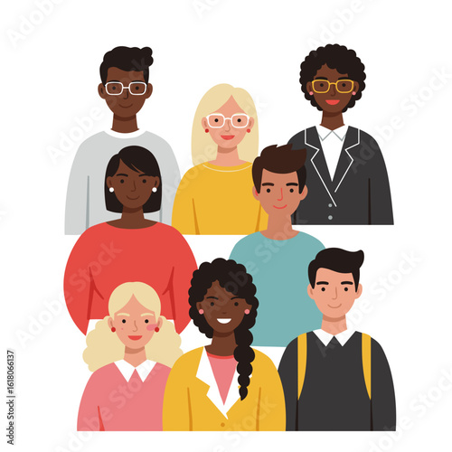 Diverse student council members posing together in a friendly manner, white background, isolated, vector