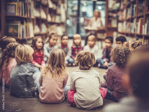 Children in a circle learning in a library
