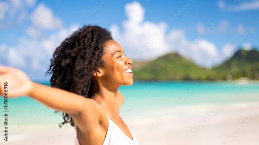 African American Woman Embracing Freedom on Tropical Beach Paradise African American Woman Embracing Freedom on Tropical Beach Paradise