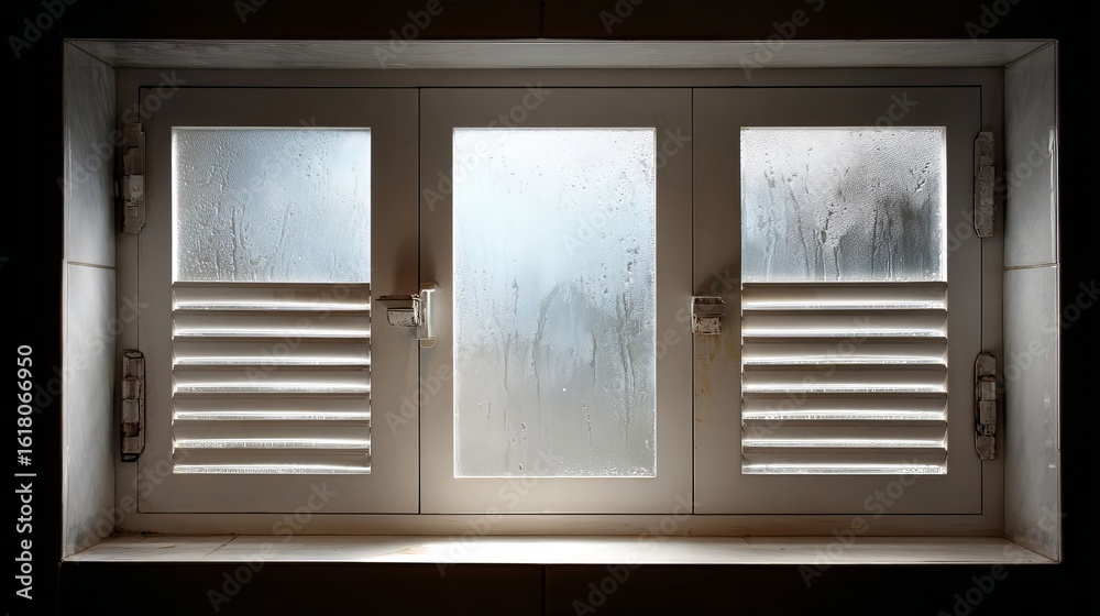 Obraz premium Moisture-laden glass panes with white shutters, creating a serene and mysterious atmosphere.