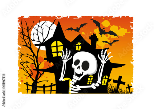 A haunted house, a skeleton, bats and graves