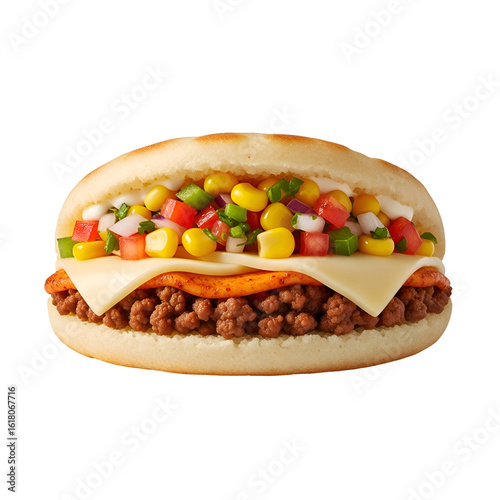 Delicious loaded arepa sandwich with beef corn and cheese.