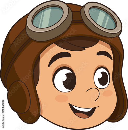 Cartoon aviator with a vintage flight helmet and goggles looking happy.