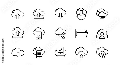 Minimal Cloud Computing and Data Storage Outline Icon Collection