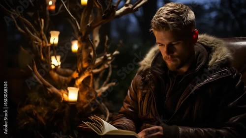 Wallpaper Mural A man sits comfortably in a chair, immersed in a book under soft candlelight. The serene atmosphere is enhanced by the natural surroundings and flickering candles Torontodigital.ca