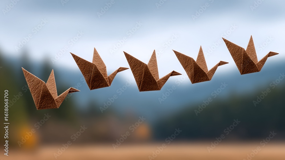 Fototapeta premium Origami goose flying in v formation handmade paper art japanese craft nature environment aerial view