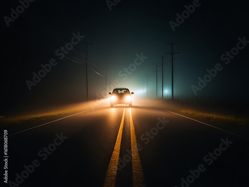 A car drives through fog at night with headlights on
