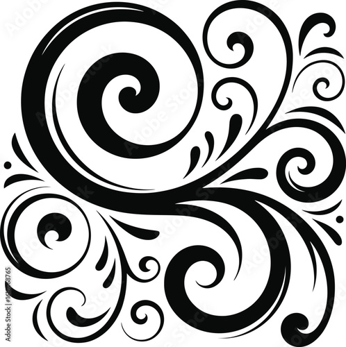 Elegant black swirls and flourish curved scroll ornate decorative design element, Abstract Tribal Style Motifs ornament isolated on transparent background

