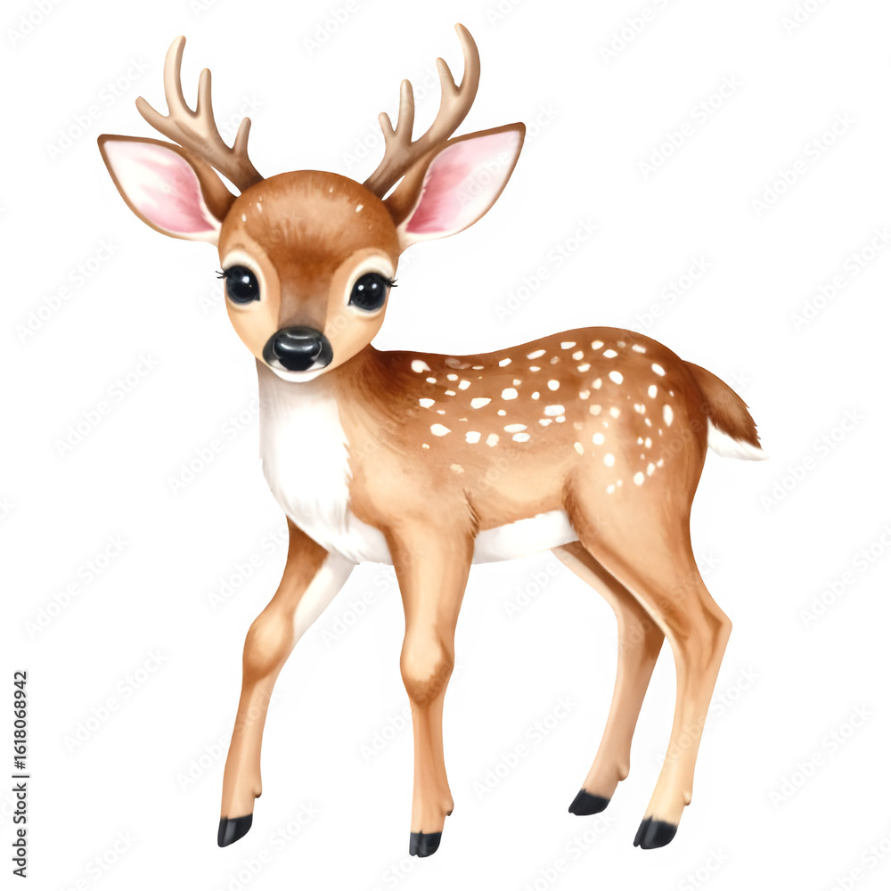 Fototapeta premium Cute cartoon watercolor deer illustration. Cartoon animal clipart illustration 
