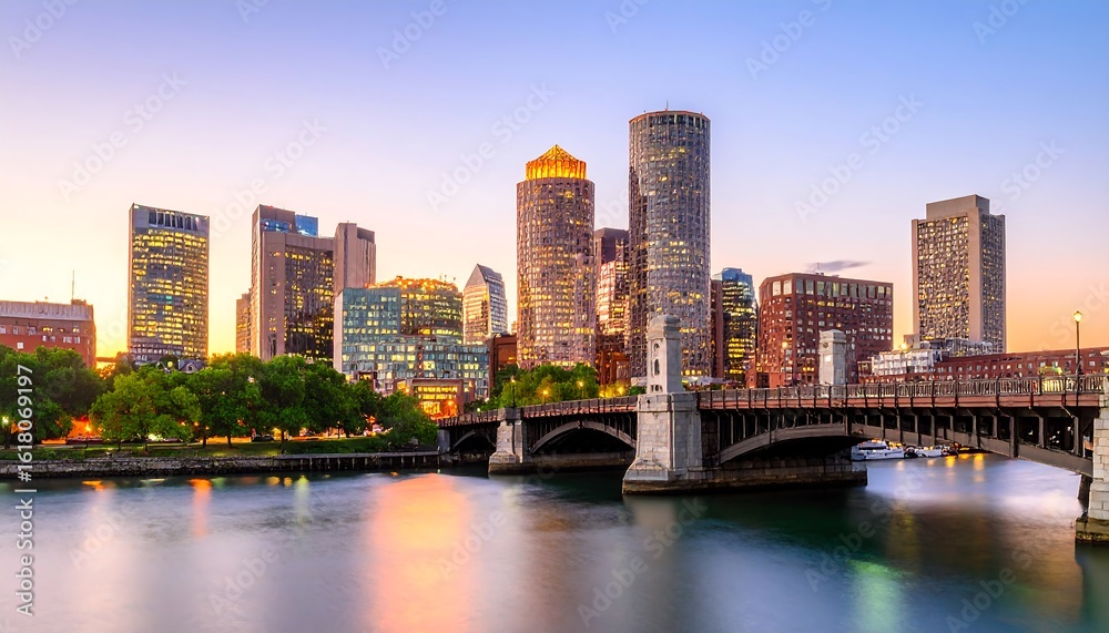 Obraz premium Panoramic view of Boston skyline at twilight reflecting in Charles River
