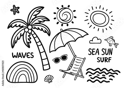 A Comprehensive Collection of Hand-Drawn and Silhouette Beach & Surf Themed Doodles, Icons, and Summer Elements in Black and White