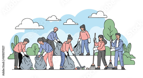 A diverse group of volunteers are depicted cleaning up a park, collecting trash in bags, and sweeping the pavement, promoting environmental awareness and community involvement.