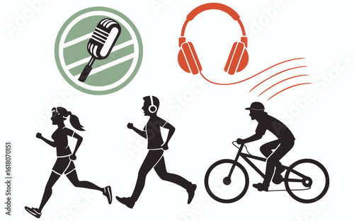 Dynamic people running cycling microphones headphones black multicolor app interface icons